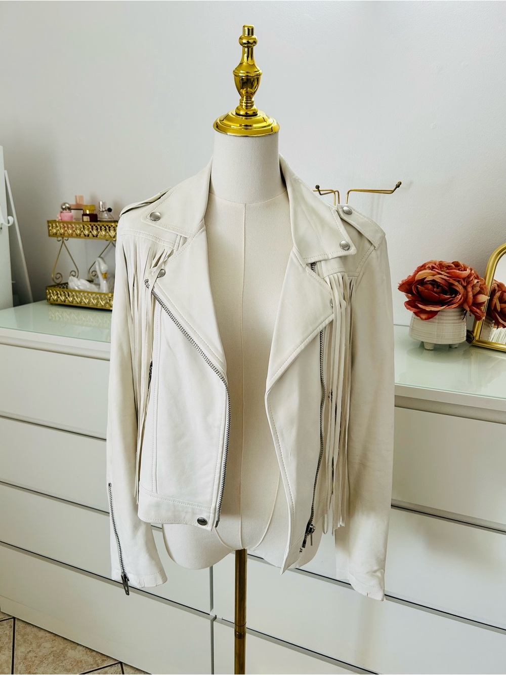 Blank NYC Cream Fringe Leather Moto Jacket